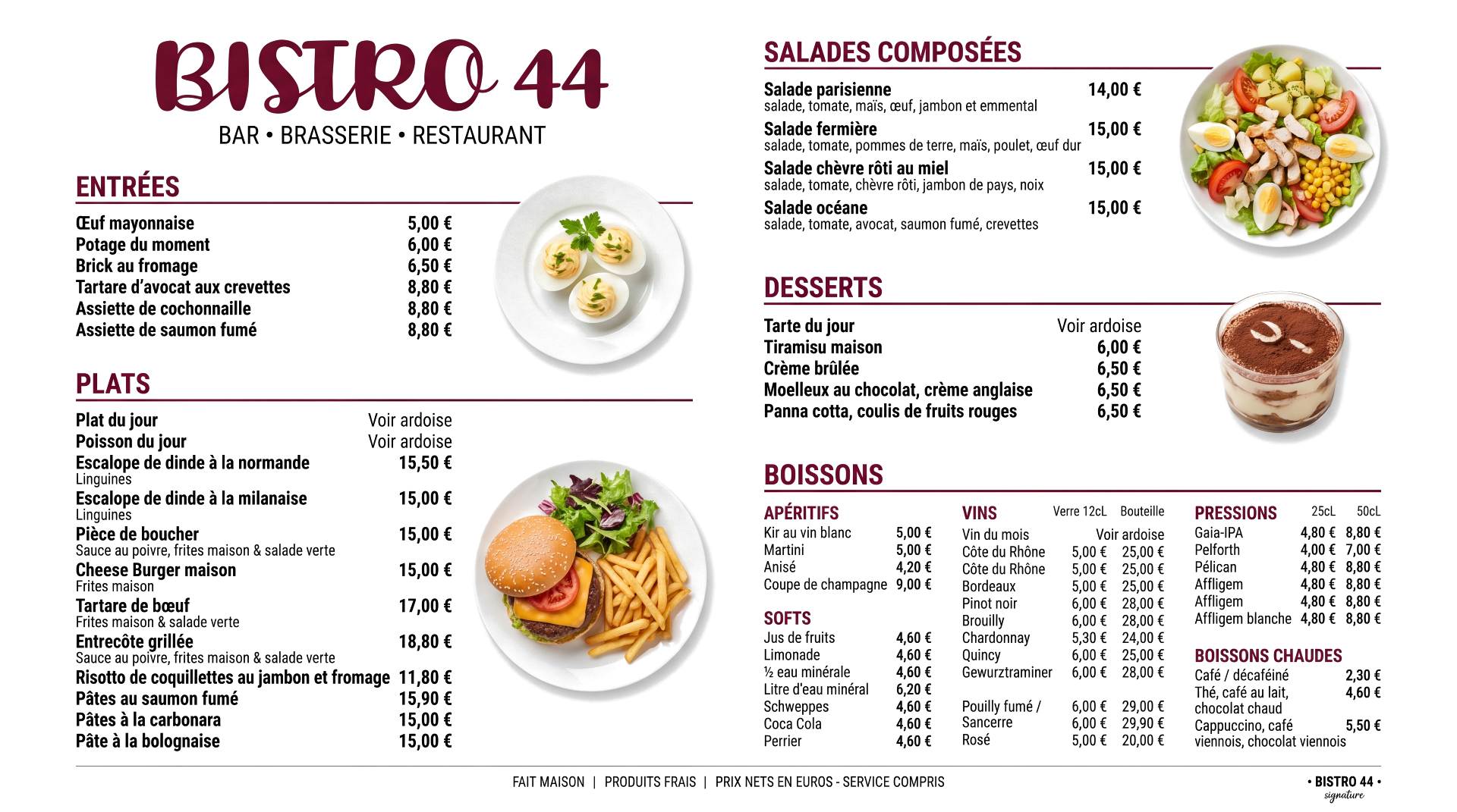 Menu imprimé du Bistro 44 — entrées, salades, plats et desserts